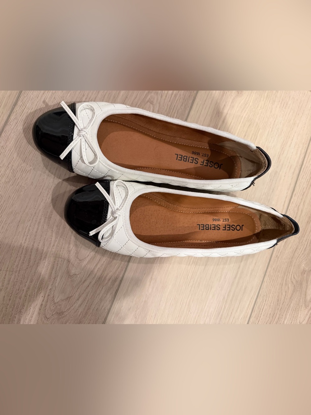 Josef Seibel White Quilted Flats with Black Patent Toe